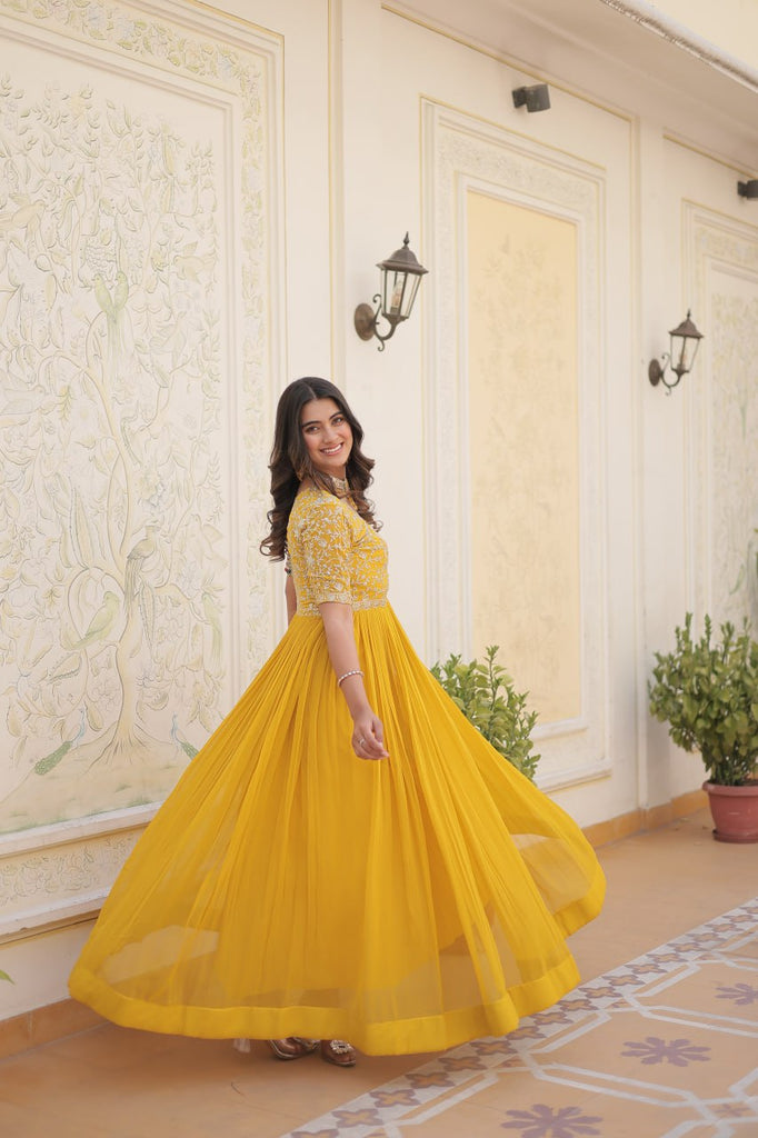 Luxurious Zari-Embroidered Yellow Gown for Discerning Women ClothsVilla