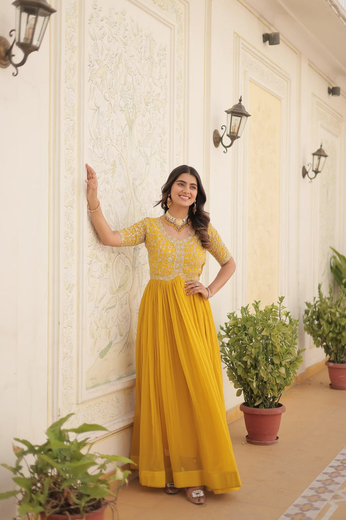 Luxurious Zari-Embroidered Yellow Gown for Discerning Women ClothsVilla