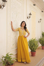 Load image into Gallery viewer, Luxurious Zari-Embroidered Yellow Gown for Discerning Women ClothsVilla