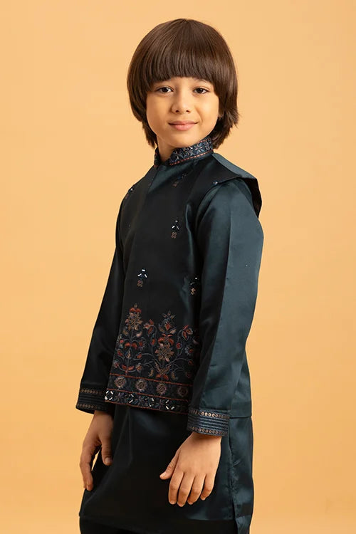 Dark Green Mirror Work Embroidered Koti Kurta for Kids Wear Clothsvilla
