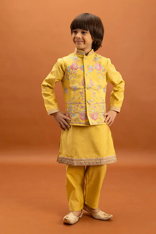 Haldi Celebration Kids Wear Yellow Kurta Pajama with Koti Clothsvilla