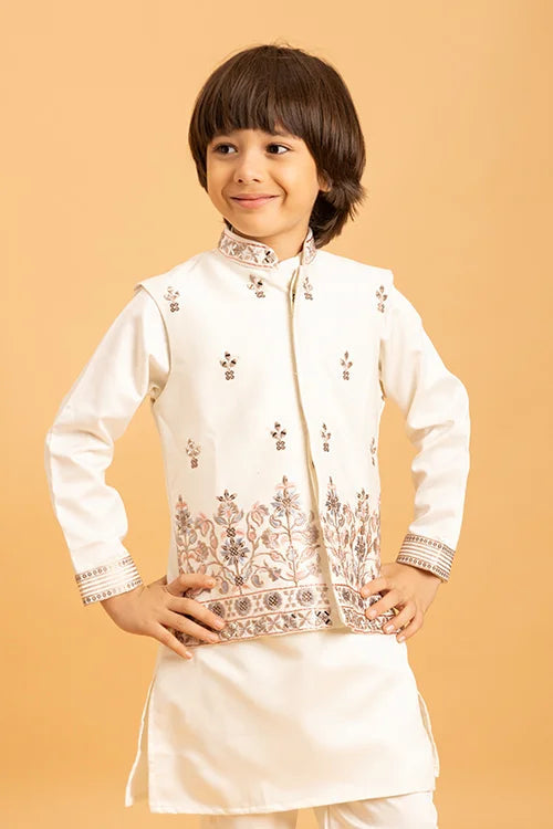 Premium White Mirror Work Koti Kurta Set for Boys Clothsvilla