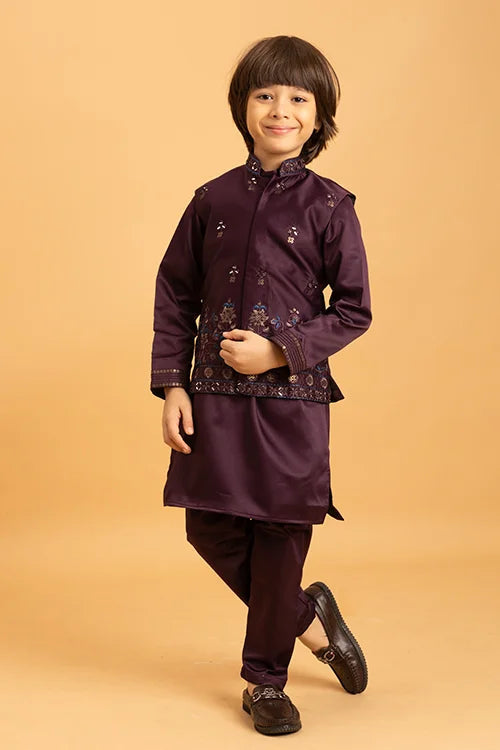 Purple Mirror Work Koti Kurta Set for Boys Clothsvilla