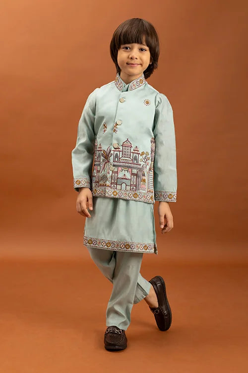 Wedding Sky Blue Koti Kurta Set for Kids 6-12 Yrs Clothsvilla