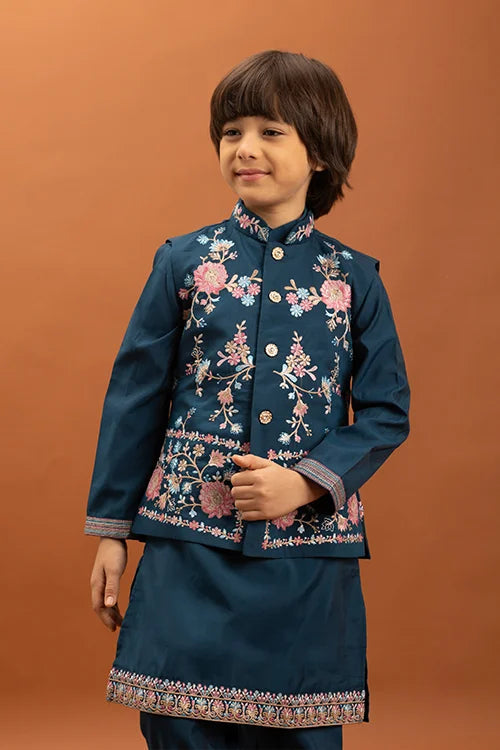 Bottle Green Kids Kurta Pajama with Koti Set Clothsvilla
