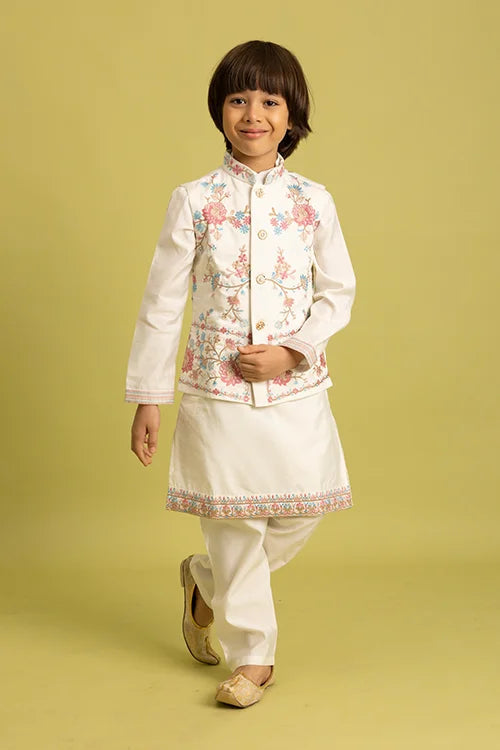 Traditional Wear White Koti Kurta Pajama for Boys Wear Clothsvilla