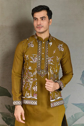 Golden Olive Open Koti Style Kurta Pajama Set for Men Clothsvilla