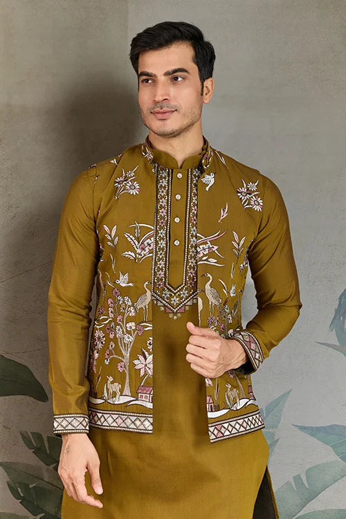 Golden Olive Open Koti Style Kurta Pajama Set for Men Clothsvilla