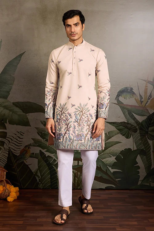 Beige Embroidered Work Beautiful Kurta for Men Clothsvilla