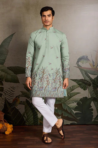 Embroidered Pista Green Wedding Kurta for Mens Clothsvilla