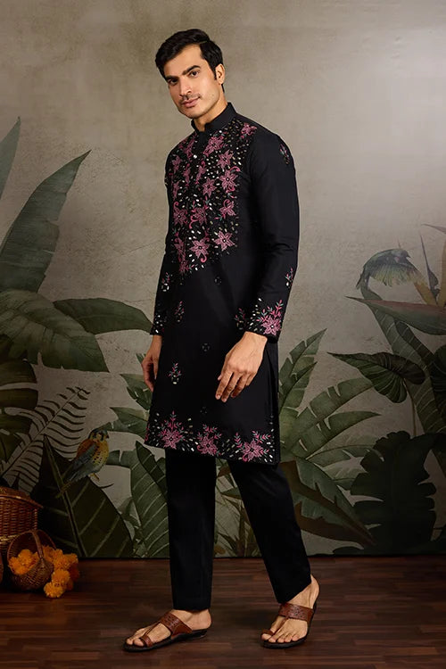 Black Mirror Work with Embroidered Kurta Set for Men Clothsvilla