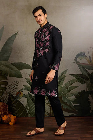 Black Mirror Work with Embroidered Kurta Set for Men Clothsvilla