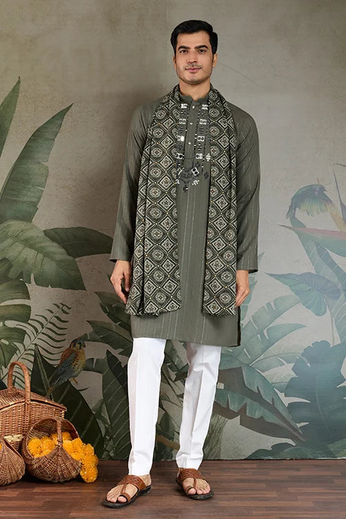 Premium Olive Green Mirror Work Kurta with Dupatta for Occasions Clothsvilla