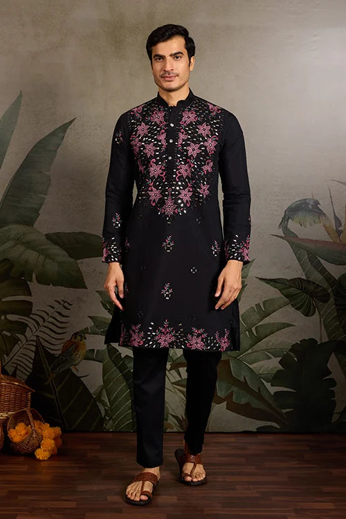 Black Mirror Work with Embroidered Kurta Set for Men Clothsvilla