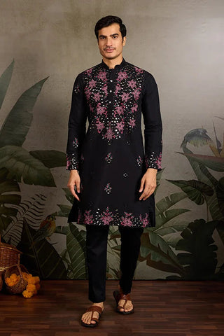 Black Mirror Work with Embroidered Kurta Set for Men Clothsvilla