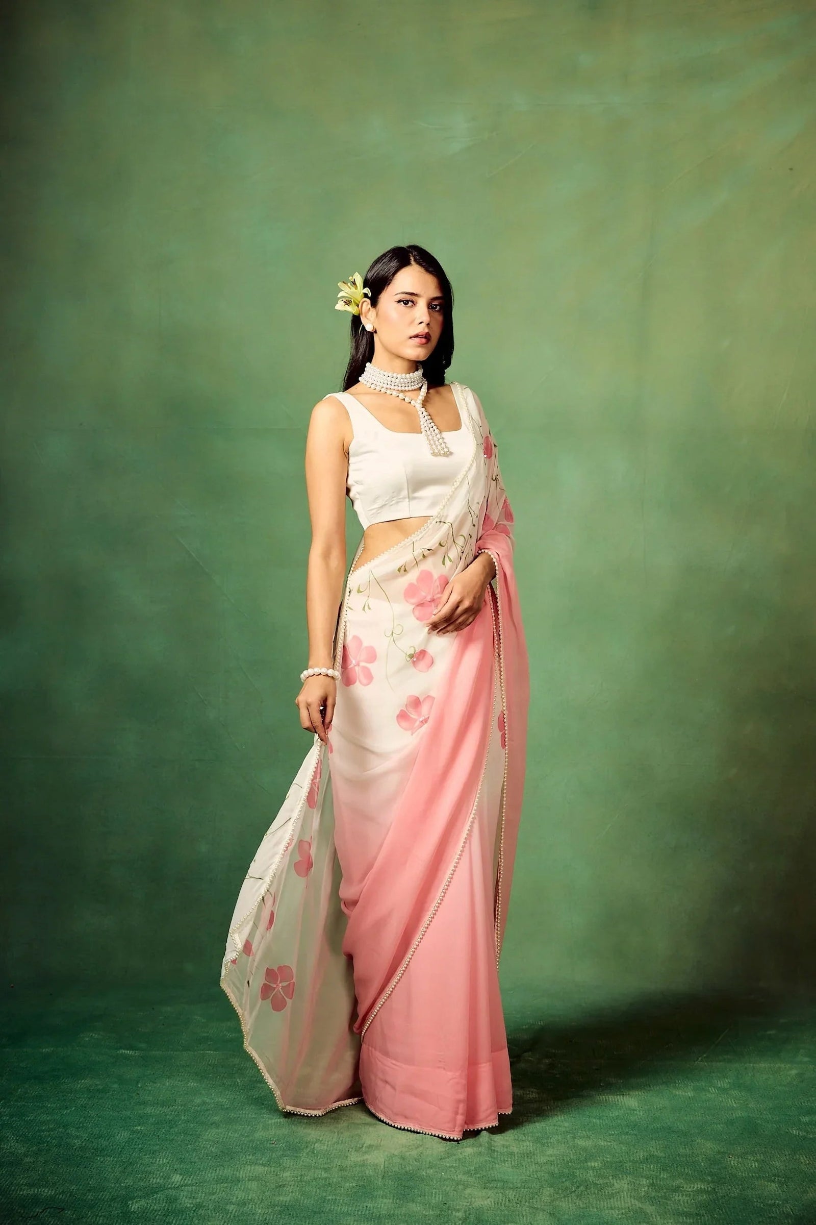 Blush Pink Pure Georgette Hand-Painted Floral Saree with White Motifs & Sequin Accents – Modal Satin Blouse FANCY SAREES