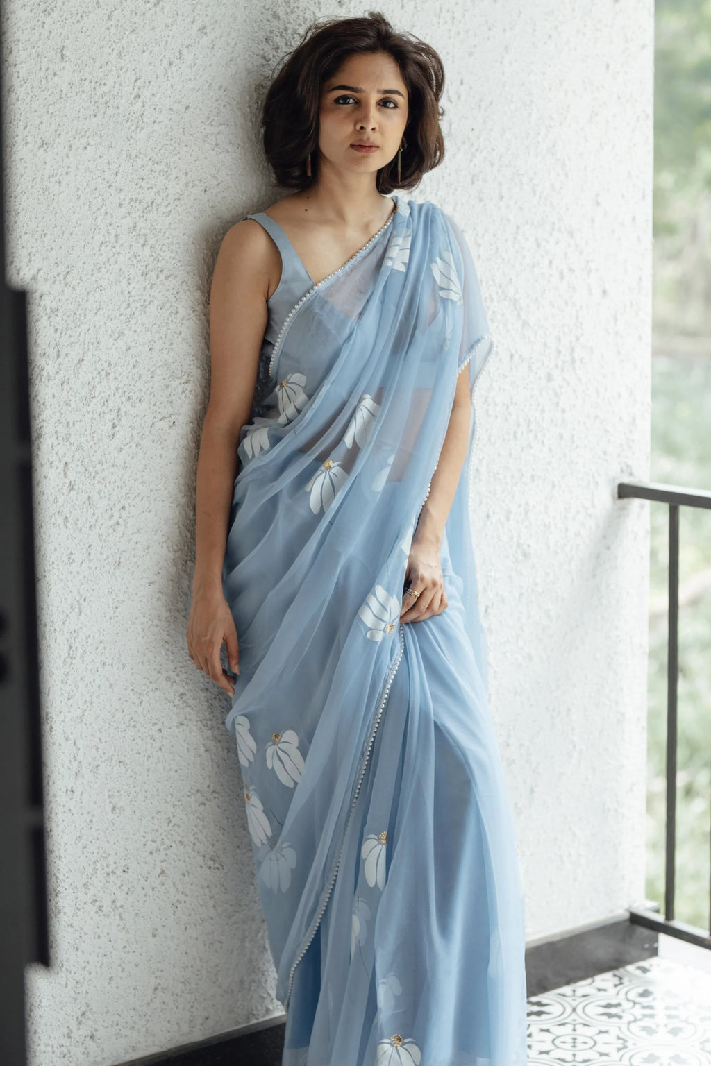 Sky Blue Pure Georgette Hand-Painted Floral Saree with Sequins & Pearl Detailing | Satin Blouse FANCY SAREES
