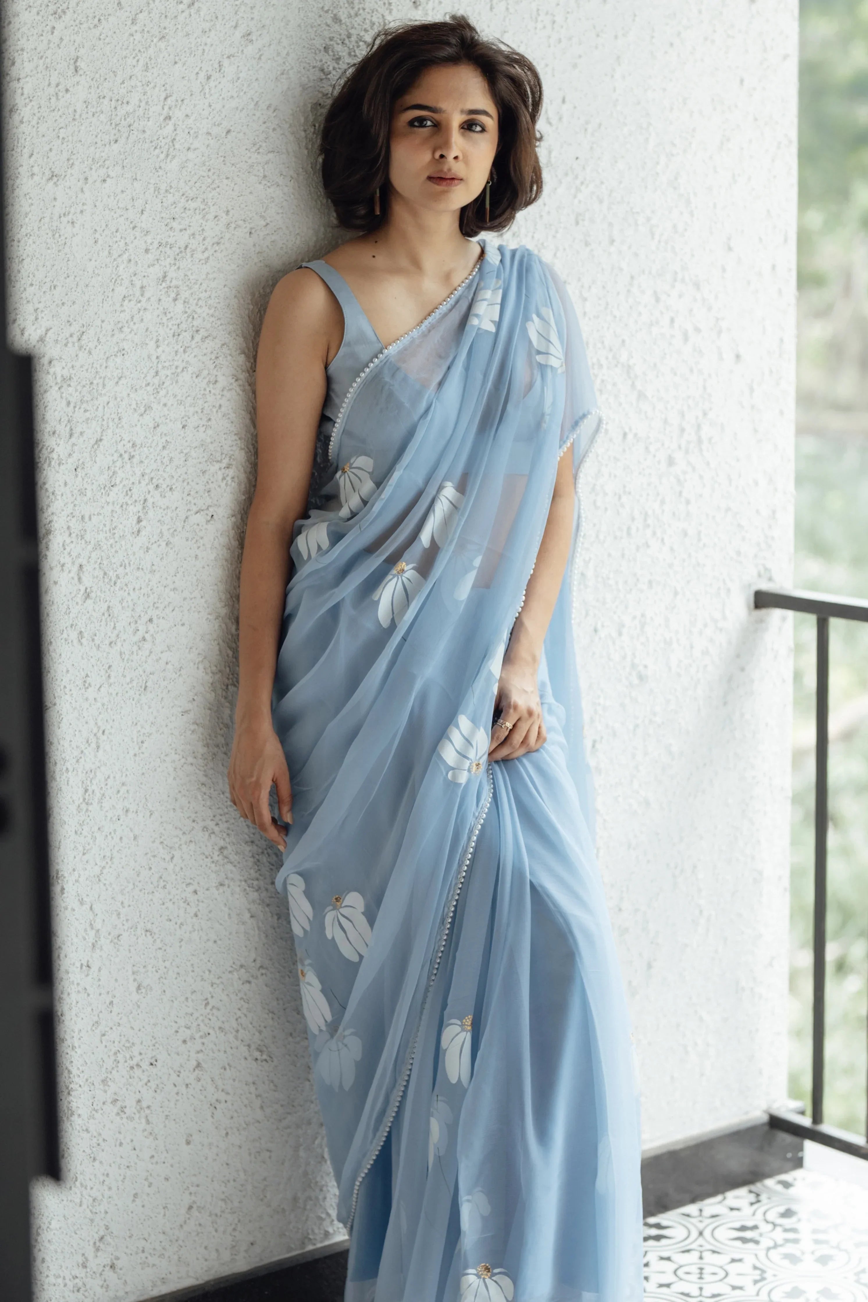 Sky Blue Pure Georgette Hand-Painted Floral Saree with Sequins & Pearl Detailing | Satin Blouse FANCY SAREES
