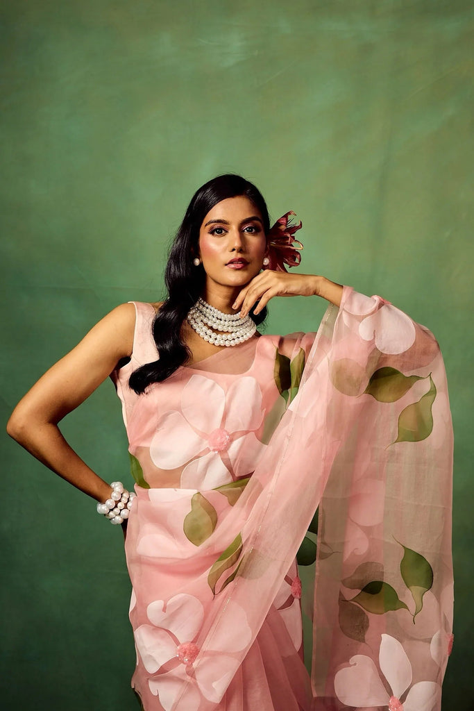 Blush Pink Pure Organza Hand-Painted Saree with White Floral Motifs & Sequins | With Modal Satin Blouse FANCY SAREES