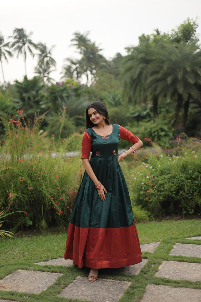 Elegant Banarasi Jacquard Silk Green Gown with Textured Weave ClothsVilla