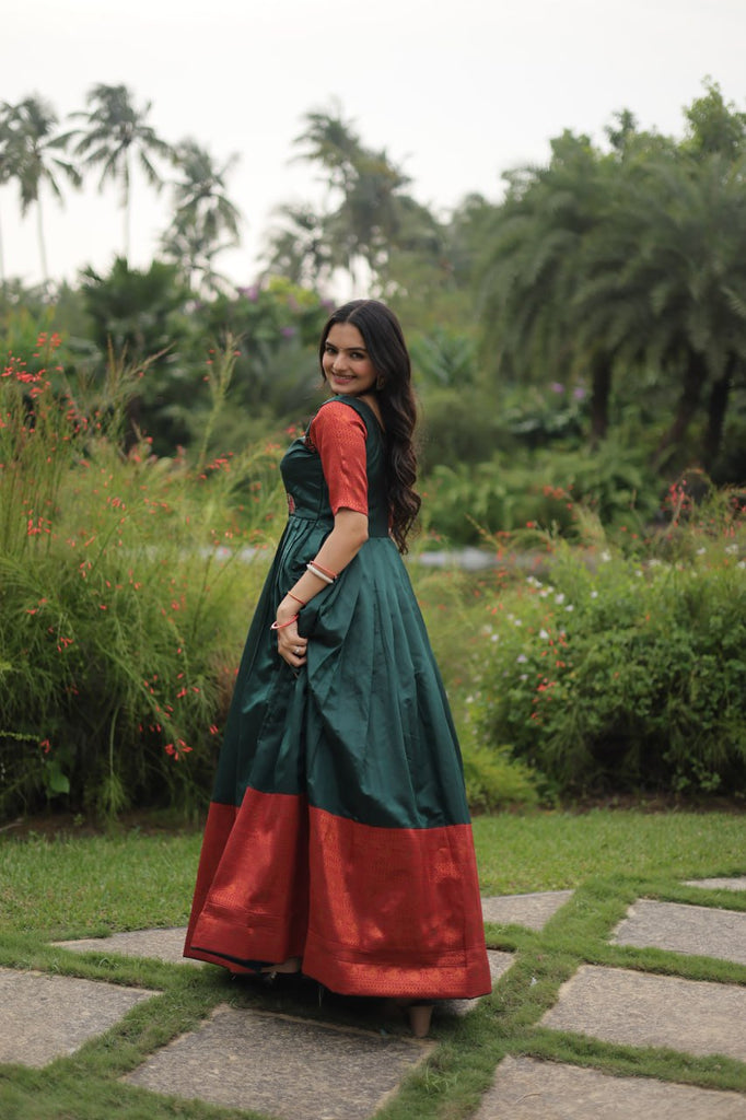 Elegant Banarasi Jacquard Silk Green Gown with Textured Weav Elegant Banarasi Jacquard Silk Green Gown with Textured Weav