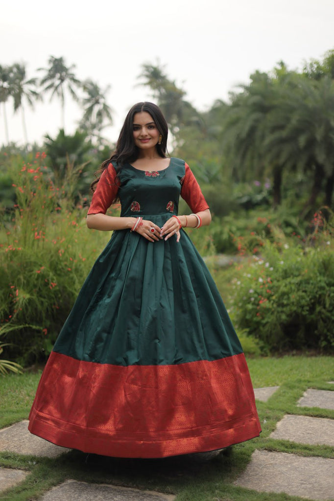 Elegant Banarasi Jacquard Silk Green Gown with Textured Weave ClothsVilla