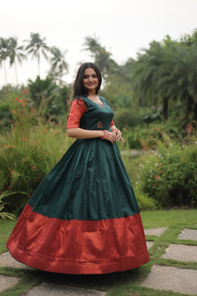 Elegant Banarasi Jacquard Silk Green Gown with Textured Weave ClothsVilla