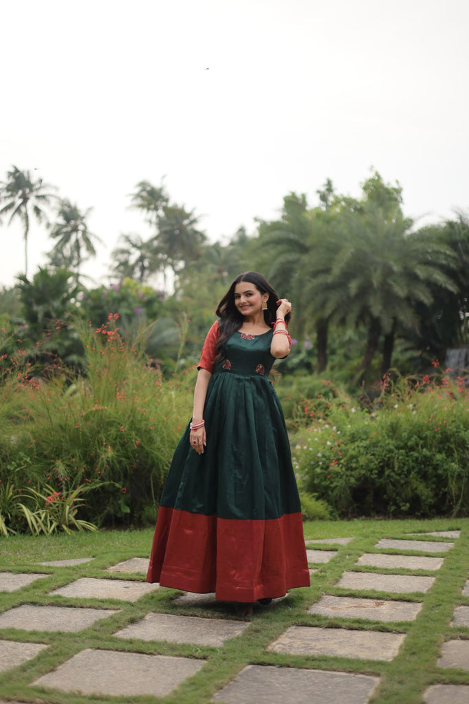 Elegant Banarasi Jacquard Silk Green Gown with Textured Weave ClothsVilla