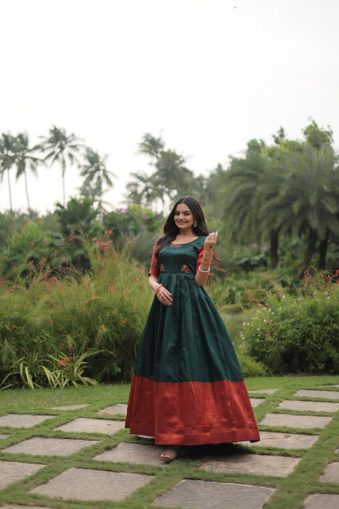 Elegant Banarasi Jacquard Silk Green Gown with Textured Weave ClothsVilla