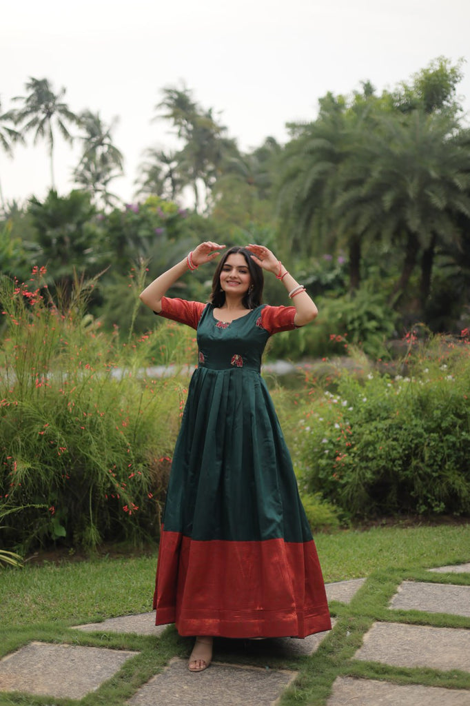 Elegant Banarasi Jacquard Silk Green Gown with Textured Weave ClothsVilla