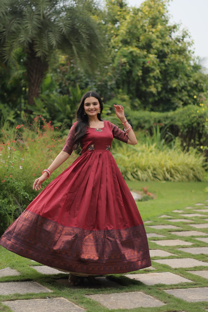 Elegant Banarasi Jacquard Silk Maroon Gown with Textured Weave ClothsVilla