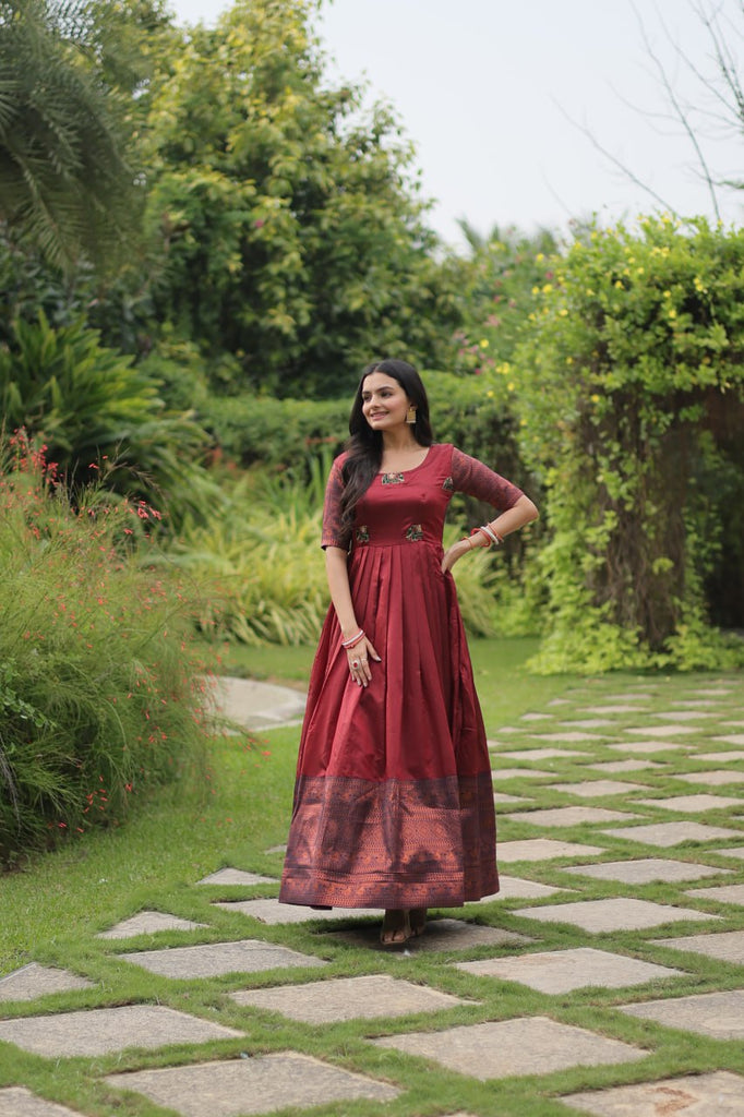 Elegant Banarasi Jacquard Silk Maroon Gown with Textured Weave ClothsVilla