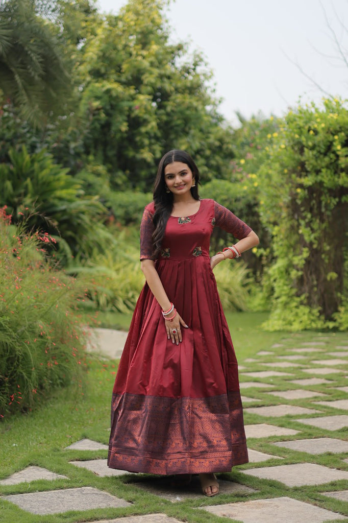 Elegant Banarasi Jacquard Silk Maroon Gown with Textured Weave ClothsVilla