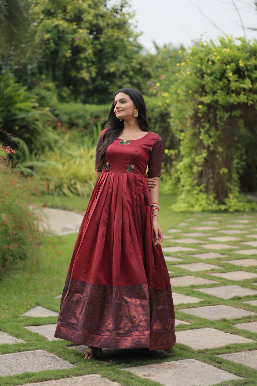 Elegant Banarasi Jacquard Silk Maroon Gown with Textured Weave ClothsVilla