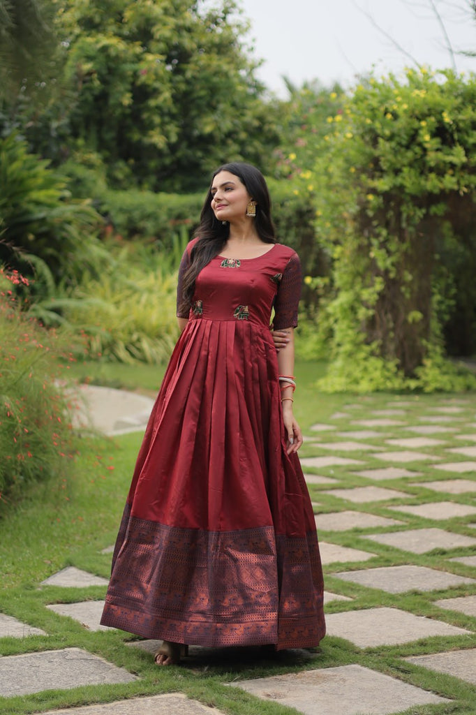 Elegant Banarasi Jacquard Silk Maroon Gown with Textured Weave ClothsVilla