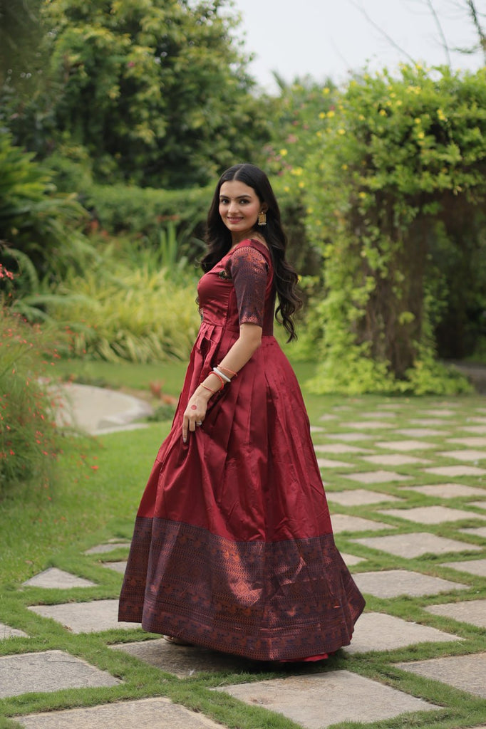 Elegant Banarasi Jacquard Silk Maroon Gown with Textured Weave ClothsVilla