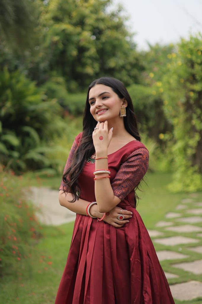 Elegant Banarasi Jacquard Silk Maroon Gown with Textured Weave ClothsVilla