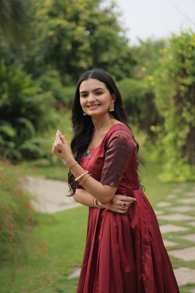 Elegant Banarasi Jacquard Silk Maroon Gown with Textured Weave ClothsVilla