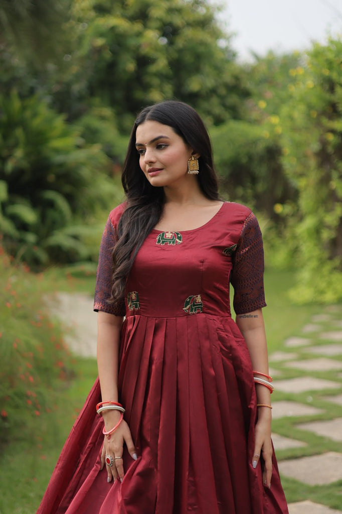 Elegant Banarasi Jacquard Silk Maroon Gown with Textured Weave ClothsVilla