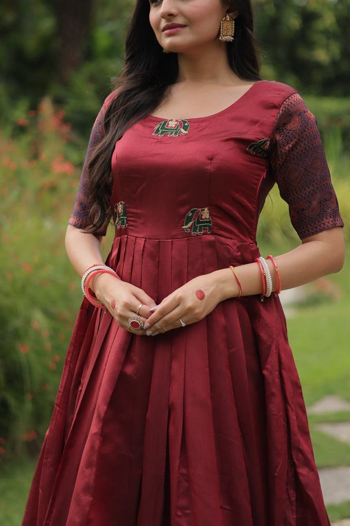 Elegant Banarasi Jacquard Silk Maroon Gown with Textured Weave ClothsVilla