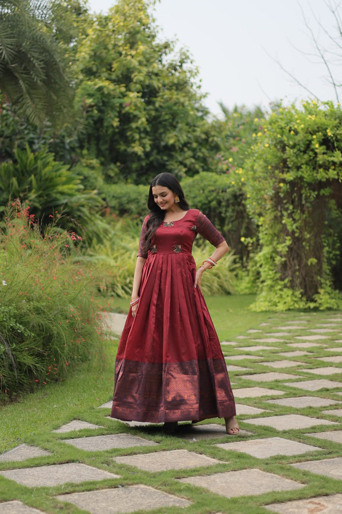 Elegant Banarasi Jacquard Silk Maroon Gown with Textured Weave ClothsVilla