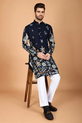 Navy Viscose Rayon Designer Men's Kurta Online Clothsvilla