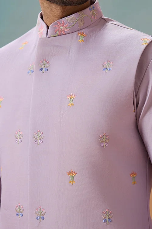 Trendy Lavender Wedding Celebration Beige Kurta Koti Pant Mens Clothsvilla
