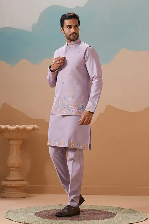 Trendy Lavender Wedding Celebration Beige Kurta Koti Pant Mens Clothsvilla