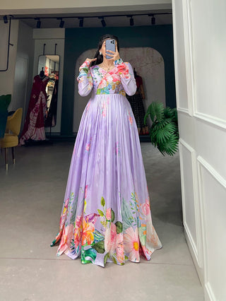 Lavender Color Tussar Silk Ready to Wear Gown with Delicate Floral Print ClothsVilla