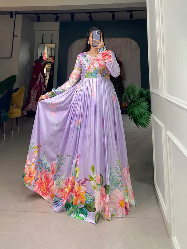 Lavender Color Tussar Silk Ready to Wear Gown with Delicate Floral Print ClothsVilla