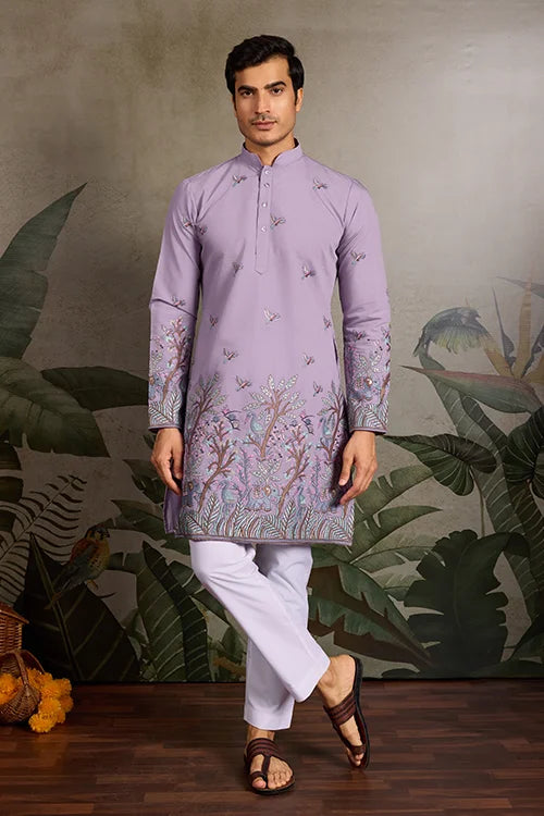 Premium Lavender Embroidered Kurta for Mens Wear Clothsvilla