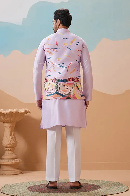 Lavender Wedding Carnival Koti Kurta Set for Mens Clothsvilla
