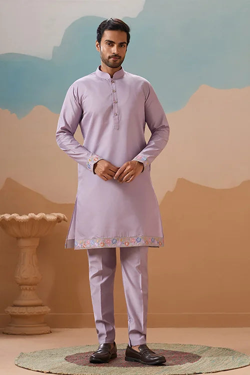 Trendy Lavender Wedding Celebration Beige Kurta Koti Pant Mens Clothsvilla