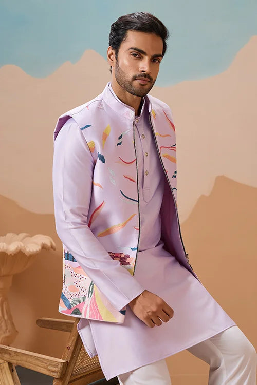 Lavender Wedding Carnival Koti Kurta Set for Mens Clothsvilla